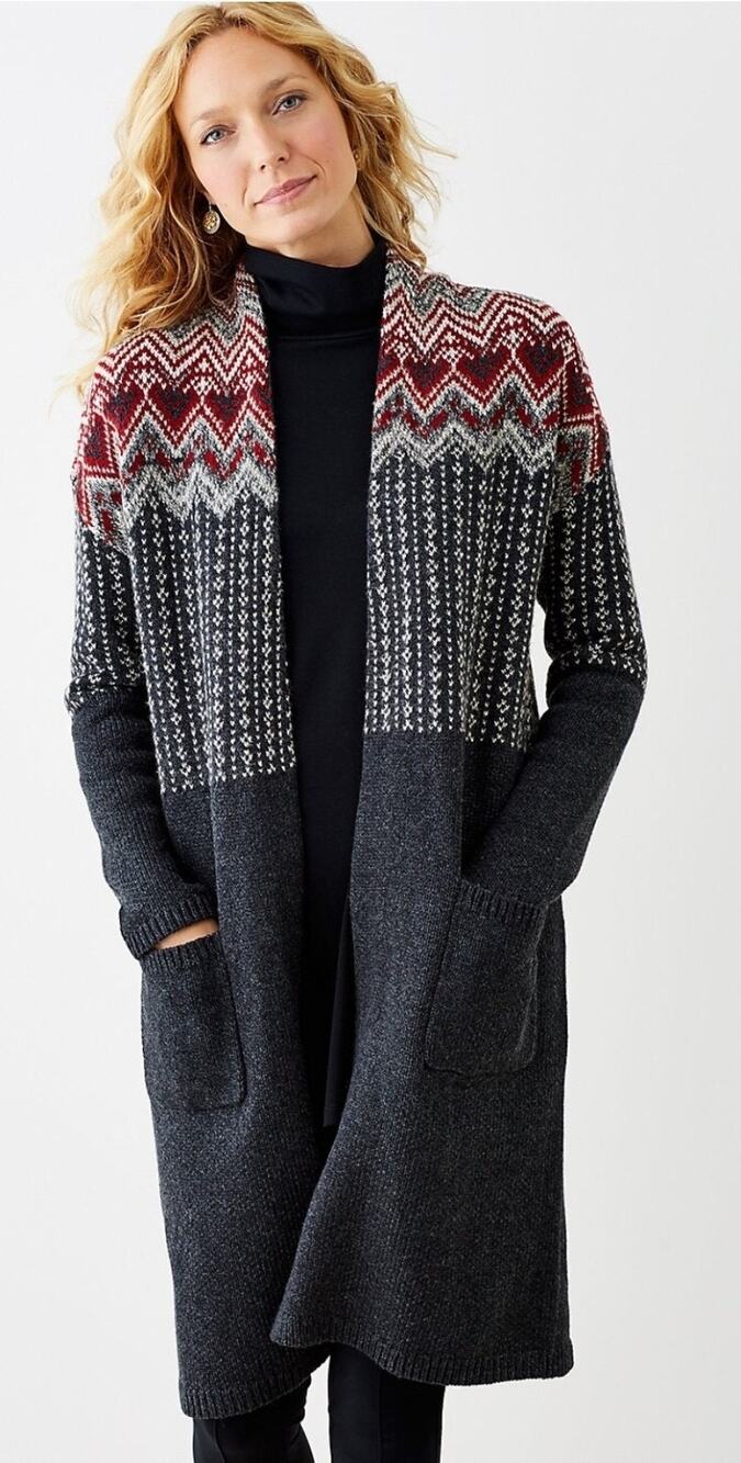 J. Jill Newbury Topper Long Knit Cardigan Wool Blend, Open Front, Pockets | L